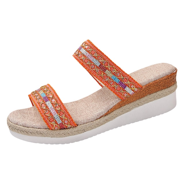 IUJSOY Sandales Compensées à Plateforme pour Femmes Espadrilles à Deux Brides Broderie Colorée à Enfiler