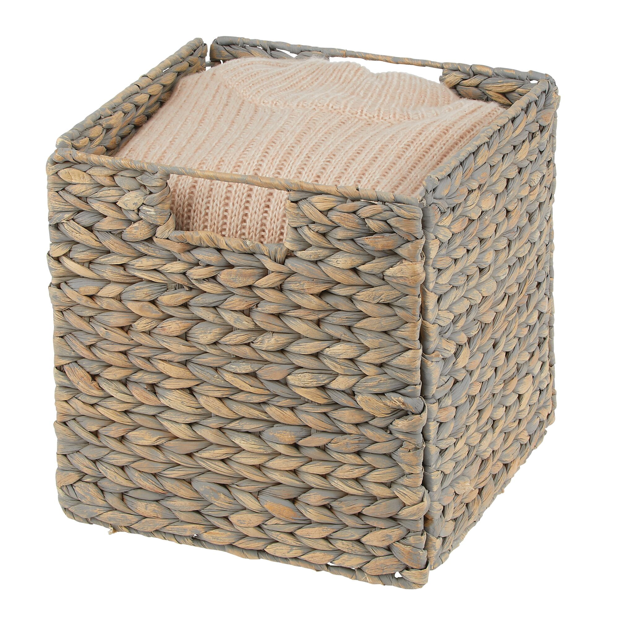 mDesign Hyacinth Woven Cube Bin Basket Organizer, Handles, 6 Pack, Gray Wash