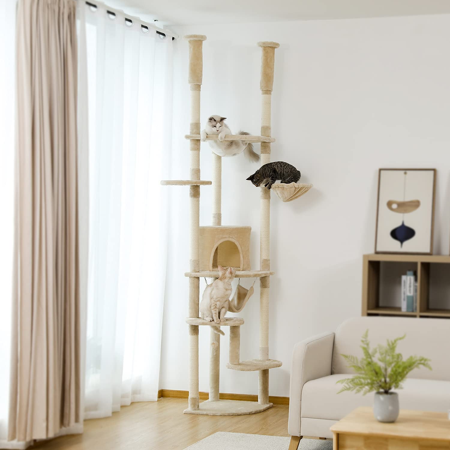 PEQULTI Floor to Ceiling Cat Tree 92.9’’-101.6’’ Height Adjustable Cat Tower Tall  Climbing Play House with Scratching Posts, Cozy Condo, Perches and Large Hammock for Indoor Cats Beige
