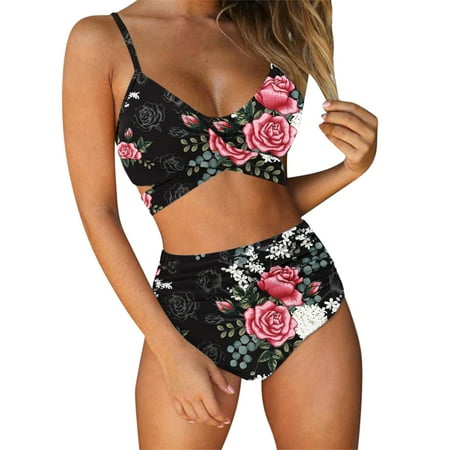 IDALL Bikini Sets Bathing Suit Women Criss Cross High Waisted String Floral Printed 2 Piece Bathing Swimsuit Thong Bikini Sets High Waisted Bikini Sets Sexy Bikini Pink XXL