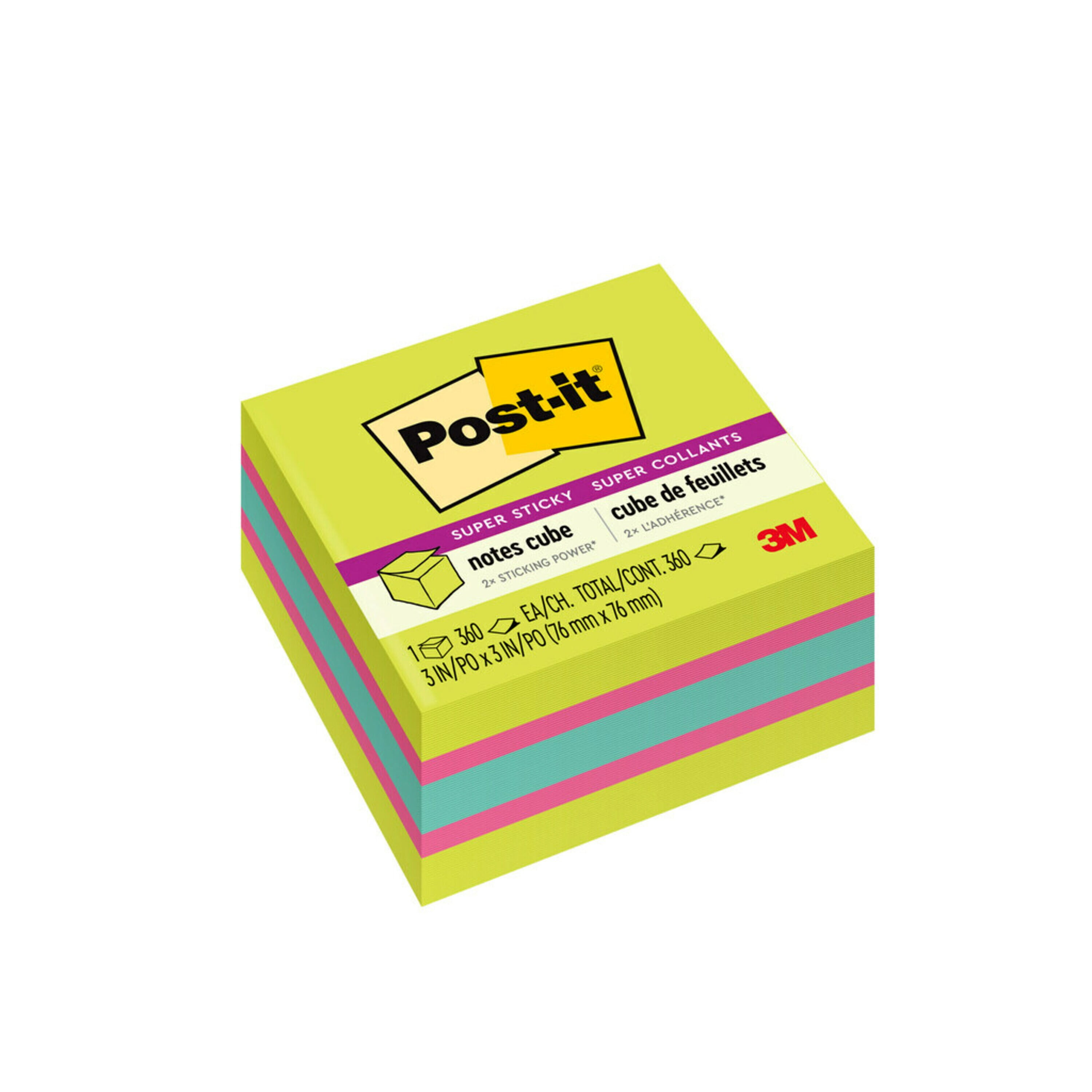 Post-it Super Sticky Notes Cube, 3 in x 3 in, Bright Colors, 1 Cube