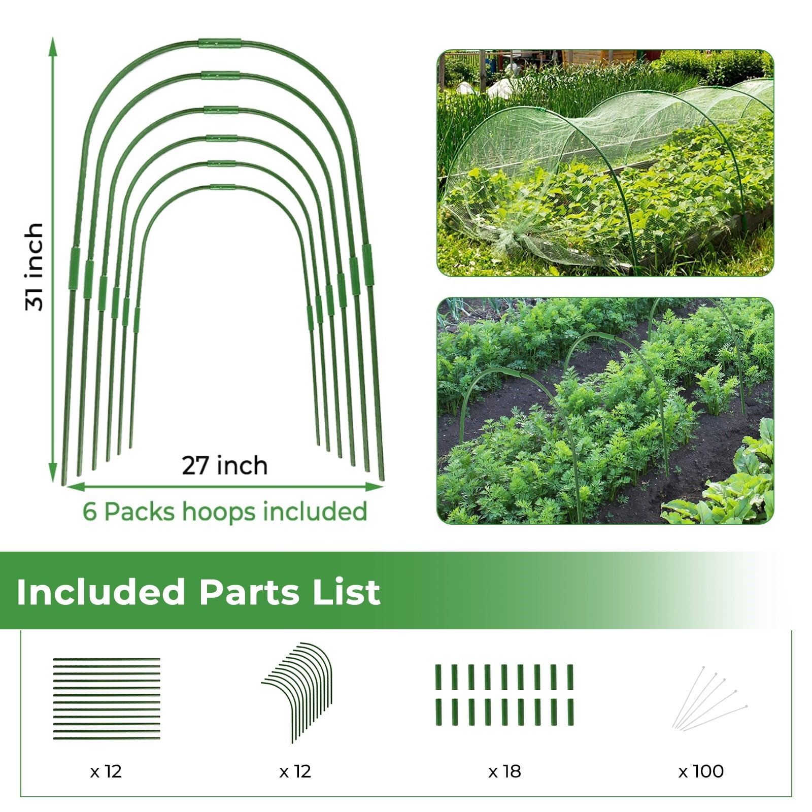 Garden Hoops Bracket Kit - 6 Sets Plants Support Frames for Outdoor Vegetable Fruits Flowers Vine Climbing Pole