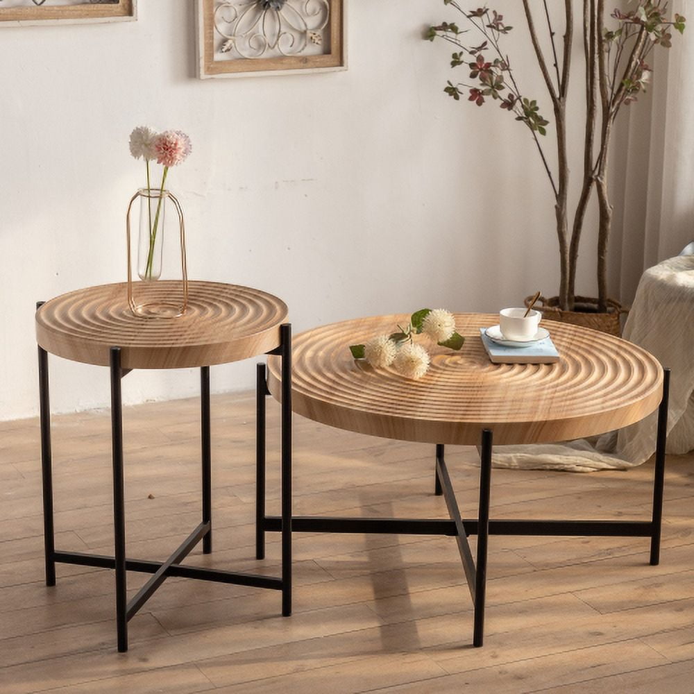BSHTI Modern Thread Design Round Coffee Table,MDF Table Top with Cross Legs Metal Base(Set of 2 pcs )