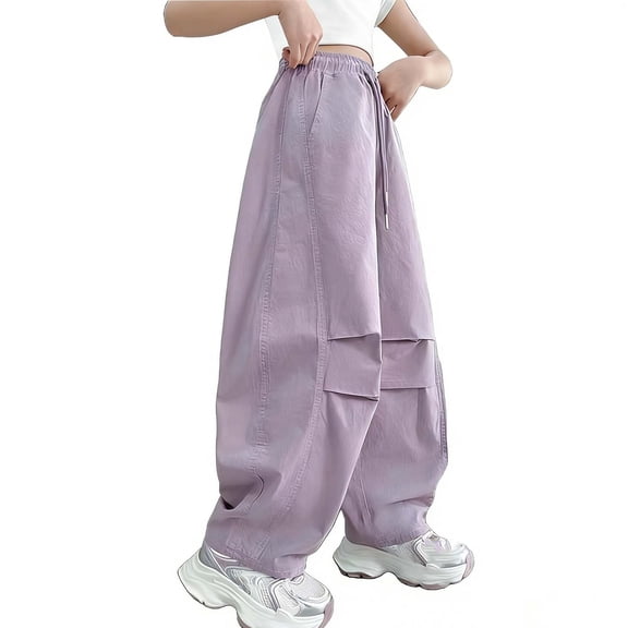 Khunlpohl Cargo Lounge Long Pants for Girls Drawstring Elastic Waisted Solid Color Pant with Pockets Baggy Hiking Trousers