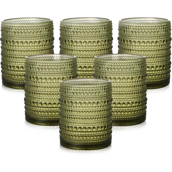 SUMMIT-Vintage Glassware Drinking Glasses Set of 6,12 oz Hobnail Glass Cups,Embossed Green Water Tumbler,for Beer,Cocktail,Whiskey,Juice and Various Mixed Drinks- 1 Cleaning Brush