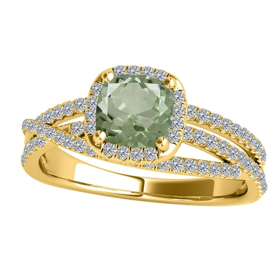 Mauli Jewels Rings for Women 0.90 Carat Diamond and Cushion Shaped Green Amethyst Ring 4-prong 10K Yellow Gold