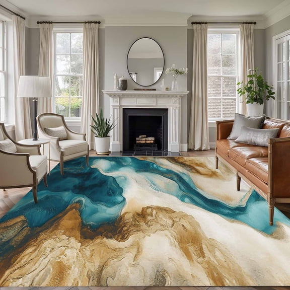5'x7' Area Rugs, Teal Brown Indoor Outdoor Area Rug for Living Room Bedroom, Modern Art Water Ripple Abstract Washable Bathroom Rugs Kitchen Floor Carpet Mats Home Decor Aesthetic