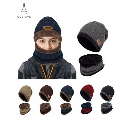 GustaveDesign 2Pcs Winter Hat Scarf Set Lined Skull Cap Warm Knitted Beanie Hat for Men Women Kids 