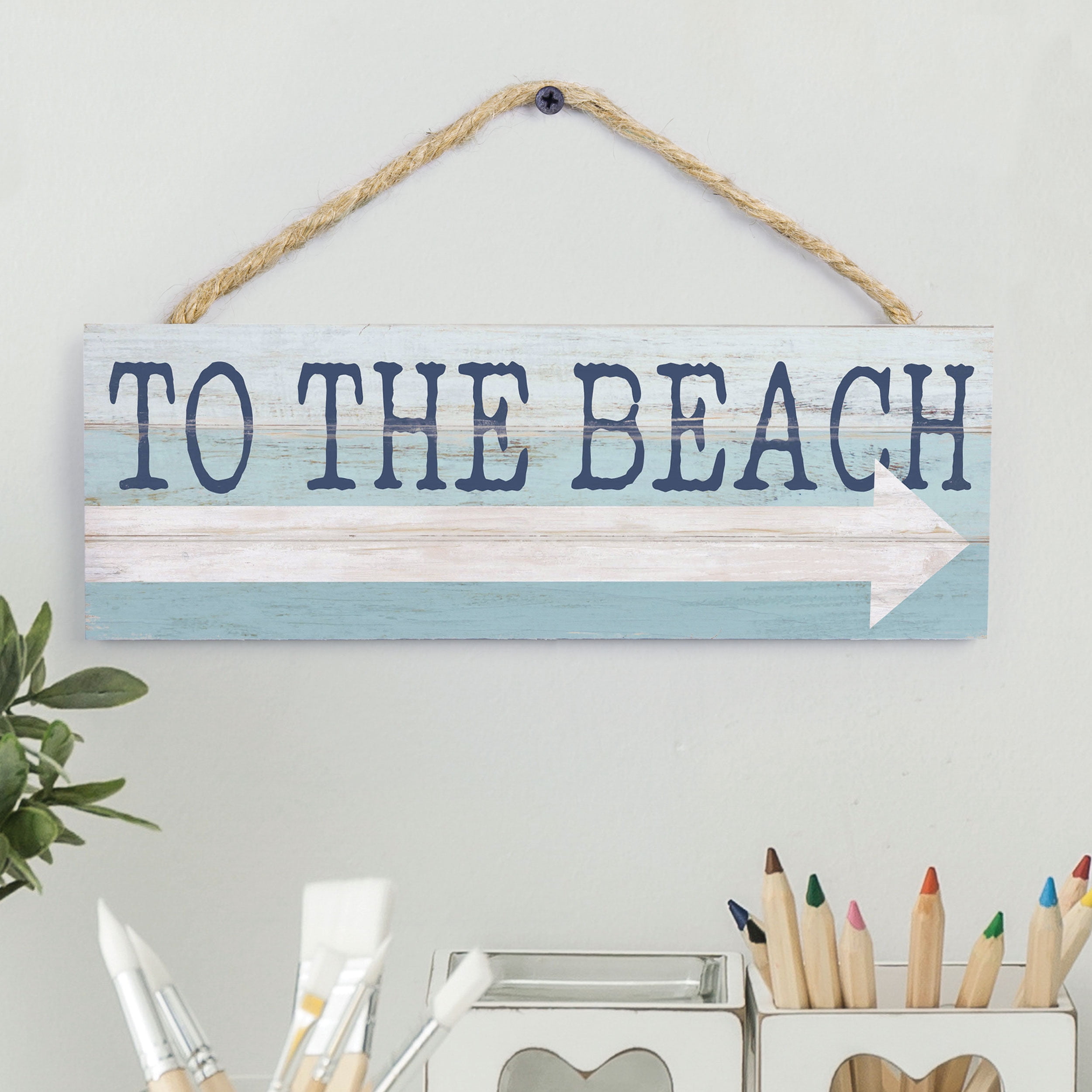 To The Beach Arrow Nautical Blue 10 x 4 Pine Wood Hanging Décor String Sign 