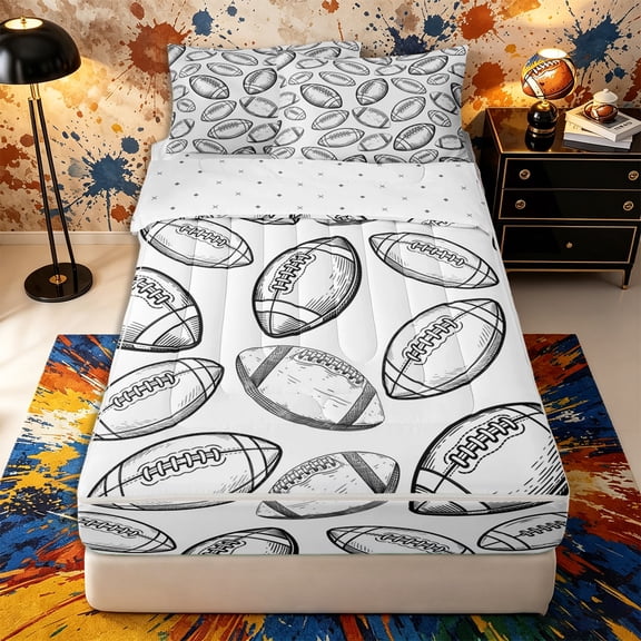 Castle Fairy Football Print Zipper Twin Comforter Sets with Fitted Sheet and 2 Pillowcases, Sport Theme Zipper Bedding Set, White Black,4-Piece