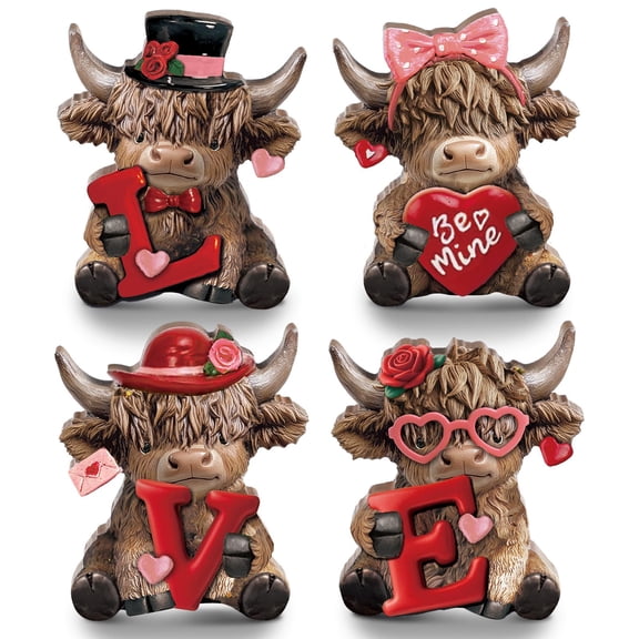 Bucherry 4 Pcs Valentine's Day Highland Cow Figurines Love Heart Rose Bow Highland Cow Gnomes Scottish Statue Calf Lovers Gifts for Home Kitchen Office Tiered Tray Table Farmhouse Rustic Decor C113