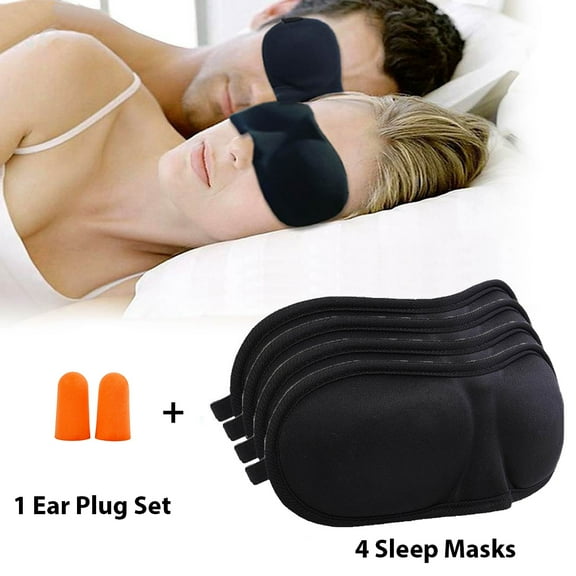 Night Eye Mask 3D Light Blocking Black Sleep Mask 4 Pieces 1 Free Ear Plug set Unisex