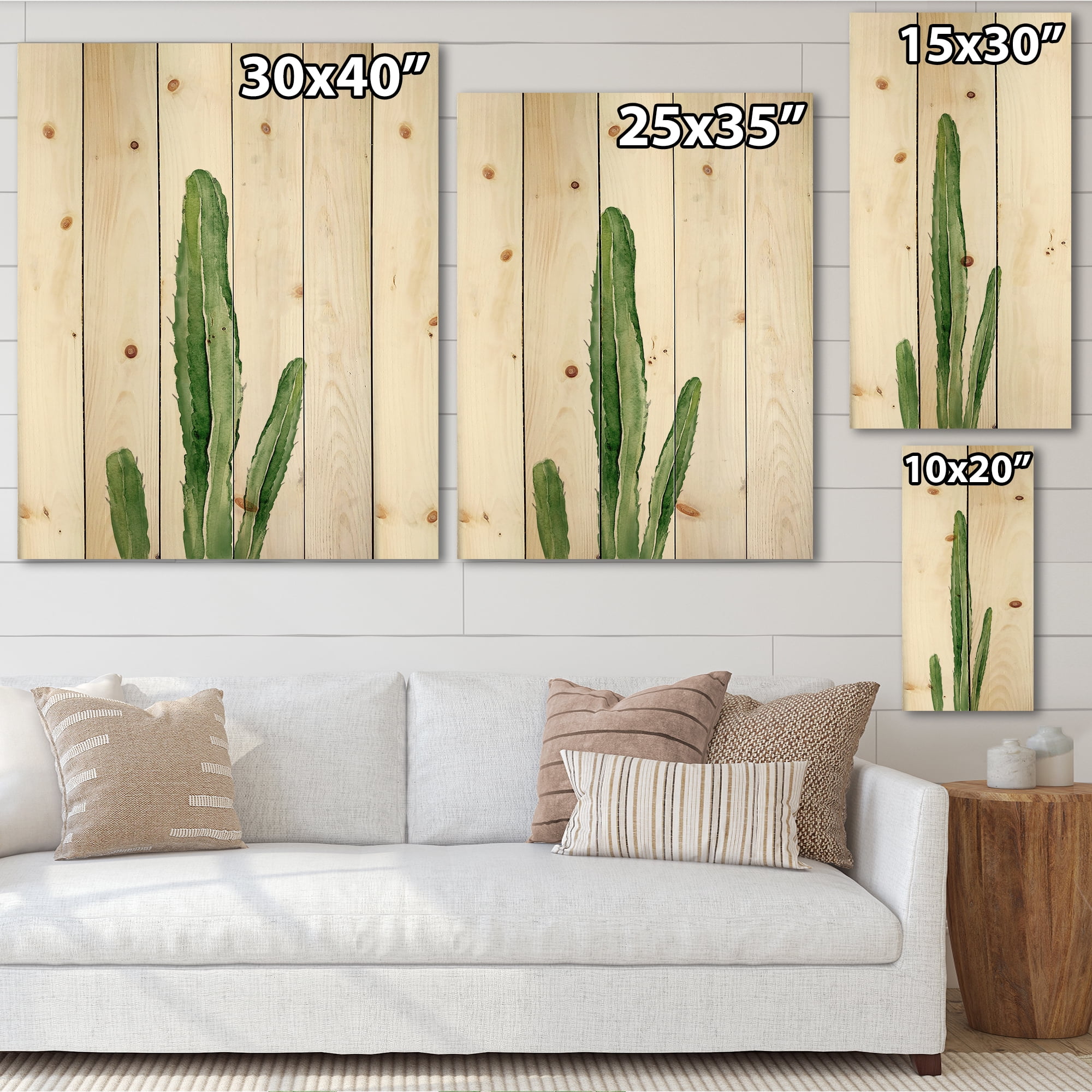 Designart 'Green Cactus South Western Plant' Botanical Print on Natural Pine Wood