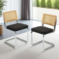 Hassch Dining Side Chairs Set of 2, Accent Kitchen Chairs with Rattan Back, Linen Padded Seat, Sturdy Cantilever Stainless Steel Base, for Living Room, Home Office (Black)
