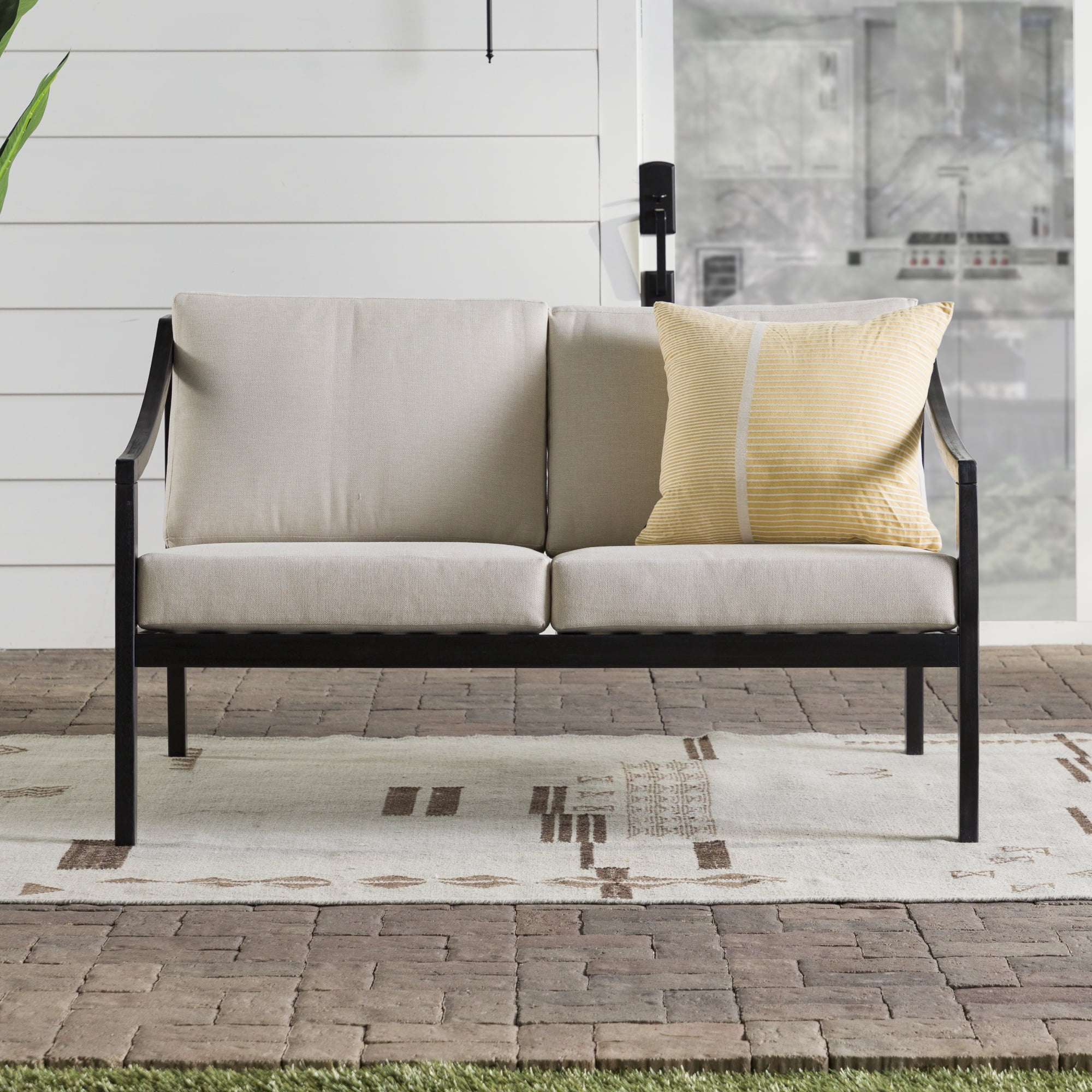 Walker Edison Modern Solid Wood Curved-Arm Outdoor Loveseat, Black