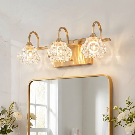 17" Modern 3-Light Crystal Bathroom Vanity Light, Gold Wall Sconce with Clear Glass Shades, Elegant Bathroom Lighting Fixtures Over Mirror, for Vanity or Powder Room (Bulbs Not Included)
