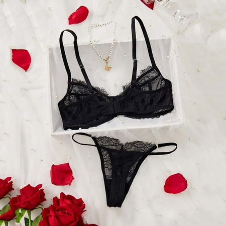 uublik Lingerie Set for Women Valentine s Day 2 Piece Lace V Neck Bra and Panty Sets Black S