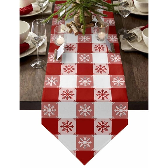 Table Runner Dresser Scarves Merry Christmas Winter Snowflakes Cotton Linen Burlap Table Cover Retro Rural Red White Lattice Table Runners for Family Kitchen Dining Holiday Party Banquet Decor