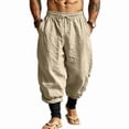 thumbnail image 3 of Mens Linen Pants Drawstring Elastic Waist Tapered Leg Pants Casual Breathable Summer Vacation Beach Trousers with Pockets, S, 3 of 9