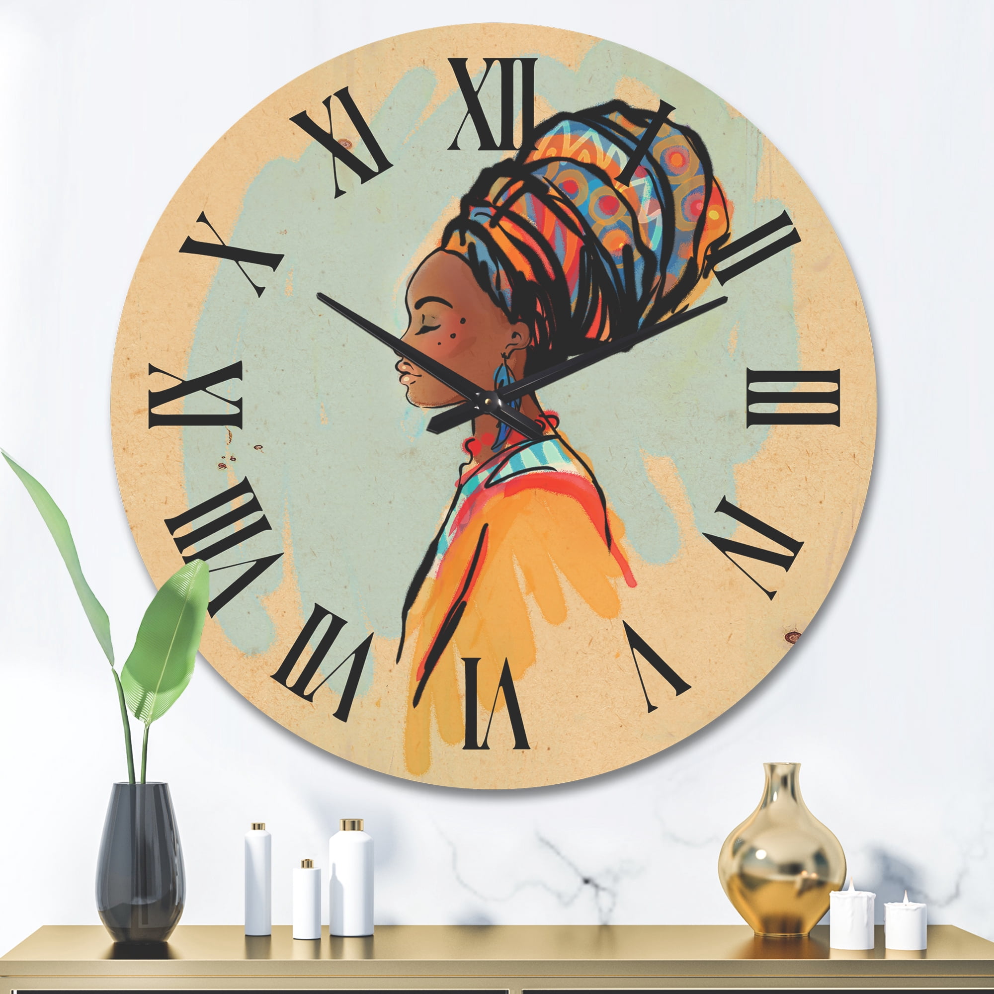 Designart 'Portrait of African American Woman With Turban II' Modern Wood Wall Clock