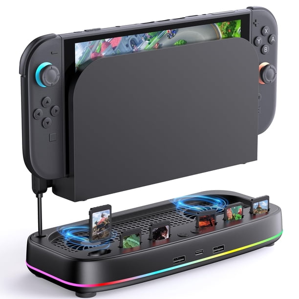 Ventilador de refrigeración para Nintendo Switch 2 Dock con doble ventilador, 3 velocidades ajustables, modos de luz RGB, 6 ranuras para tarjetas de juego, 3 puertos USB y base de disipación de calor