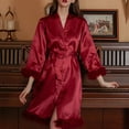 thumbnail image 2 of Kaemgyyd Women's Silk Robe Short Cute Fuzzy Trim Satin Long Sleeve Bride Comfy Sleepwear Soft Lightweight Belted Bathrobe, 2 of 4