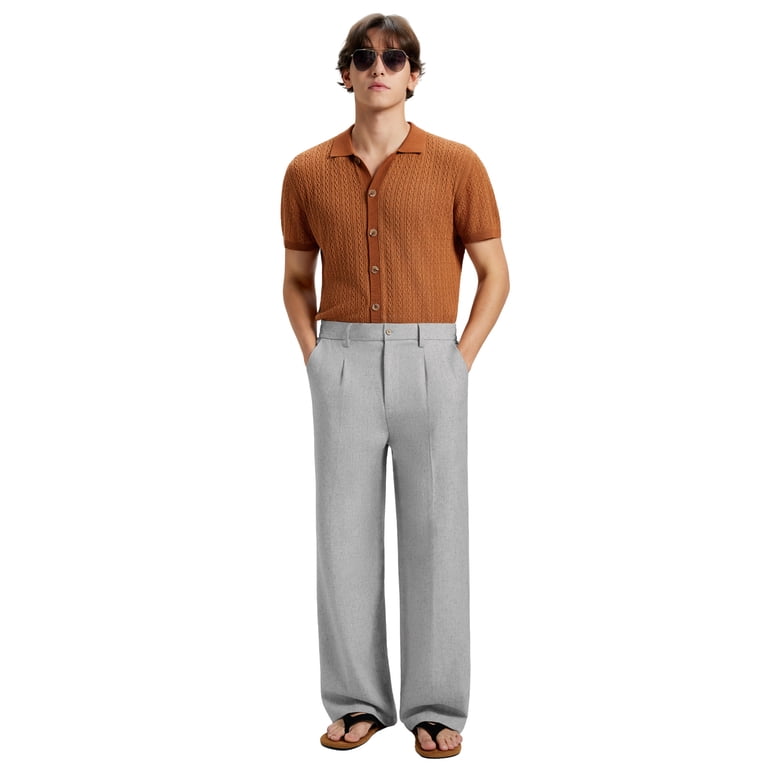 baggy dress pants Fedtosing Mens Linen Casual Dress Pants Old Money Pleated Baggy Slacks Wide Leg Relaxed Fit Trousers, Men's, Size: 34, Gray