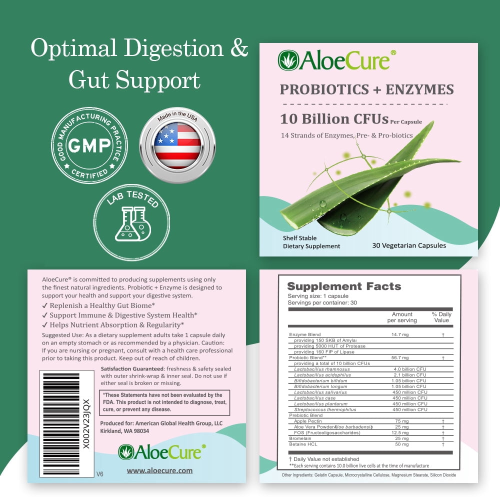AloeCure Probiotics + Enzyme Capsules for Women's Digestive Health with 10 Billion CFU - Daily Aloe Supplement, Full Spectrum Probiotic + Prebiotic Supplement, Gut Support, Super Enzymes, 2 Bottles