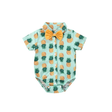 

EYIIYE Newborn Baby Boys Casual Short Sleeve Cartoon Print Romper + Solid Color Bow Tie 0-18 Months