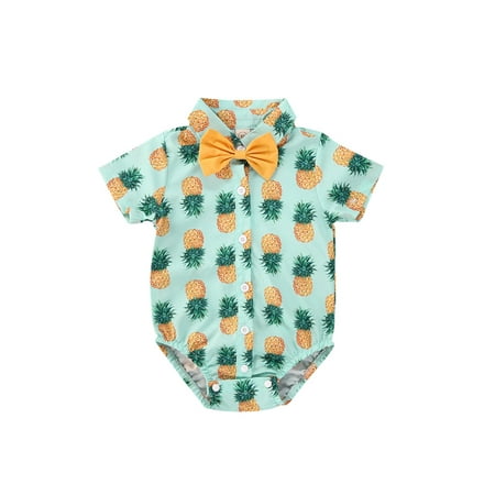 

IZhansean Baby Boys Short Sleeve Gentleman Bowtie Romper Bodysuit Top Dinosaur Flamingo Print Dress Shirt Top Yellow 3-6 Months