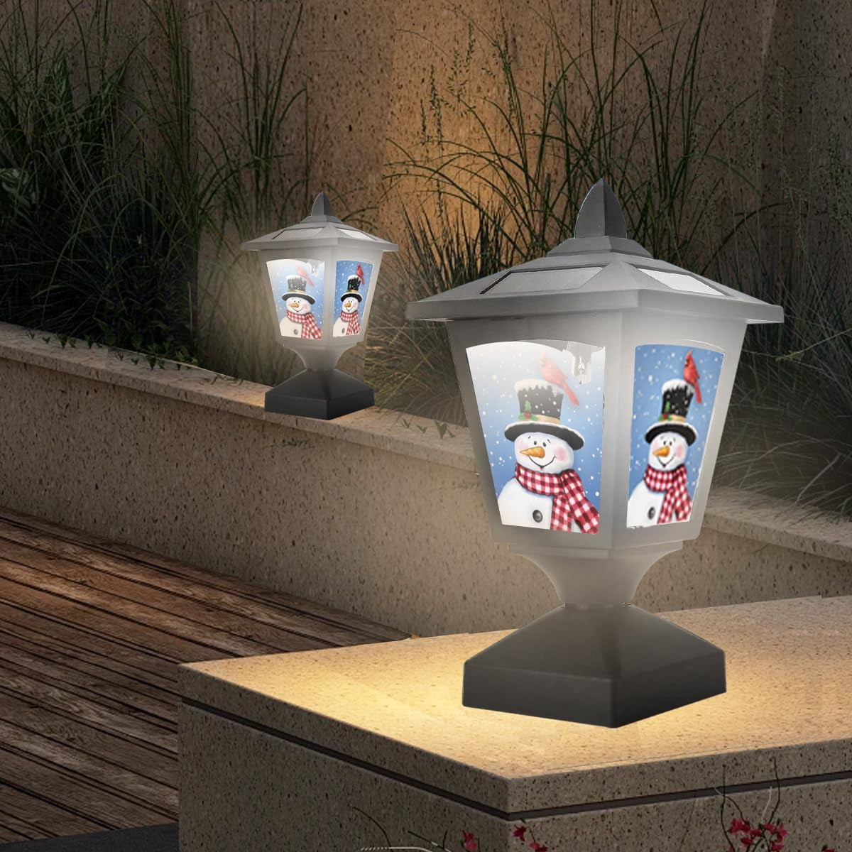 Solar Post Lights Outdoor, 2 Pack, Wood Fence Posts, Pathway, Deck, Halloween/Thanksgiving/Christmas Decoration (Three Snowman)