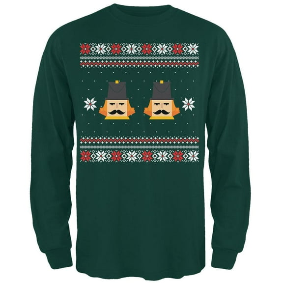 Nutcracker Full Color Ugly Christmas Sweater Dark Green Adult Long Sleeve T-Shirt - Large