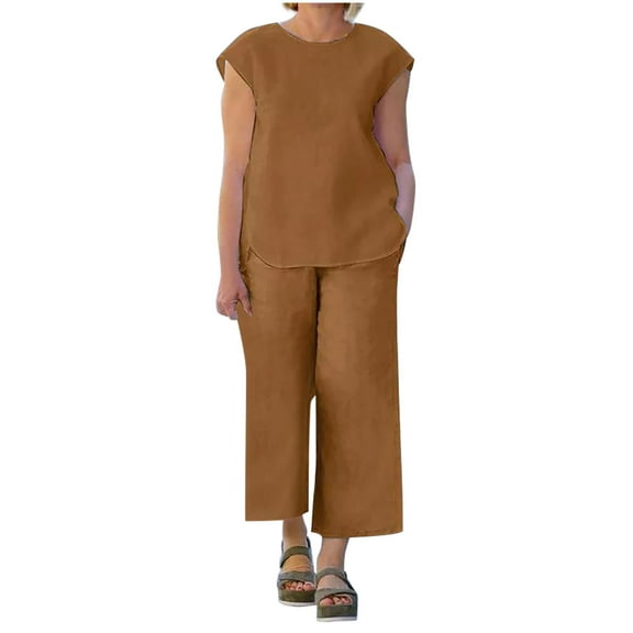 Summer Lounge Sets for Women Casual Soft Solid Round Neck Sleeveless Top and Wide Leg Capri Pants 2 Pieces Outfits