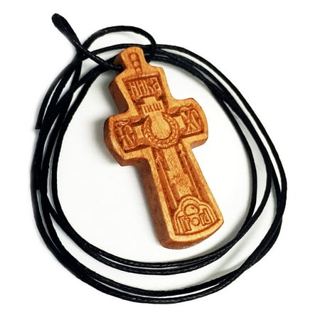 1-1/2 Inch Maple Wooden Protection Neck Cross Pendant on 27-1/2 Inch Cord ICXC NIKA
