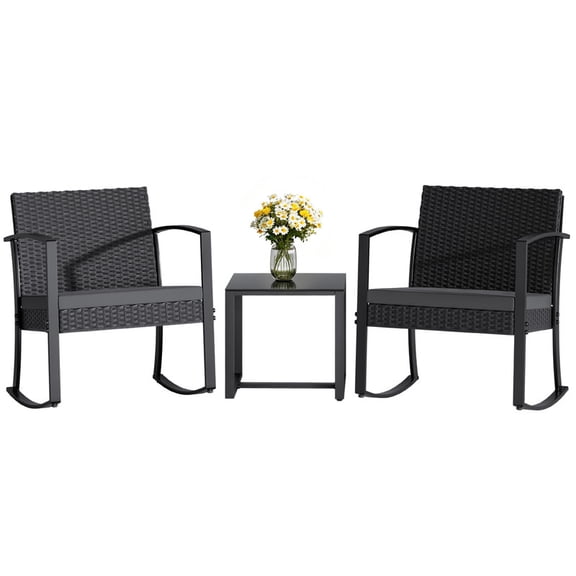 Homall Patio Furniture Set Outdoor Rocker All Weather PP Rocking Chair with Cushion Set of 3, Black