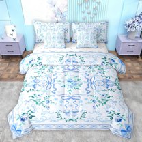 jejeloiu Kawaii Flower Floral 7 Pieces Bedding Comforter Set,Cartoon Bow Knot Full Bedding Set,Blue Green Fitted Sheet Flat Sheet For Girls Teens,Luxury Bedroom Decor Reversible