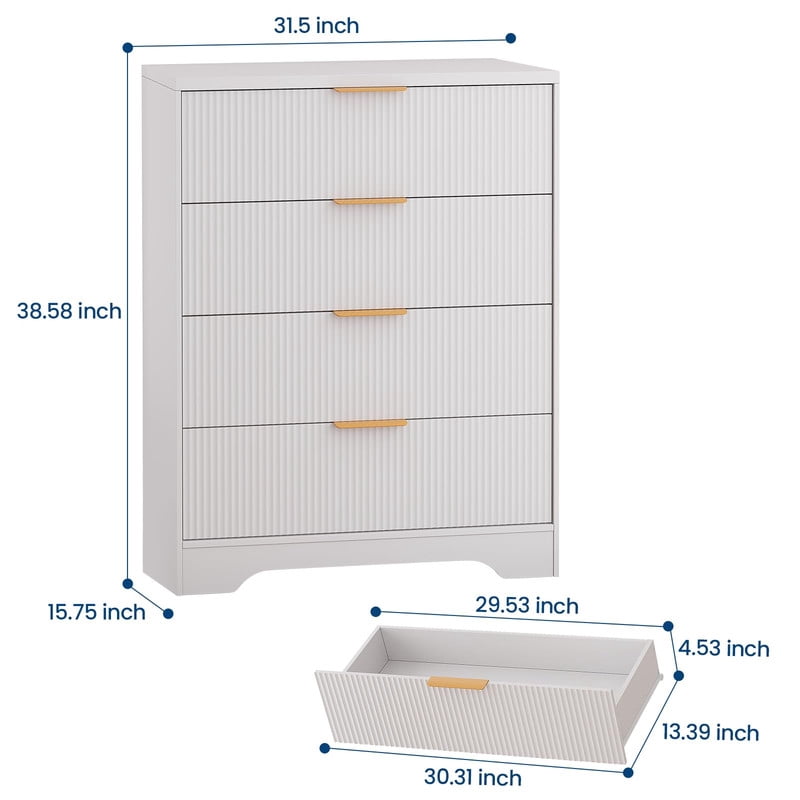 TROPOW 4 Drawers Dresser for Bedroom, Fluted Dresser Chest of Drawers with Handle, Wood Modern Dressers for Closet, Bedroom Furniture Storage Organizer for Living Room, Hallway