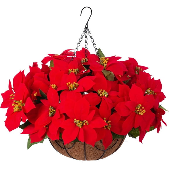 Artificial Christmas Poinsettia Flowers with Faux Berries Hanging Basket for Outdoor Decoration, Fake Silk Christmas Flowers Plant Pot Planter for Garden, Faux Red Flower for Porch Patio Xmas Decor