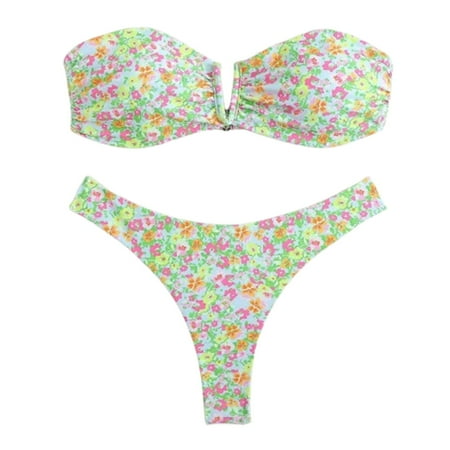 High Waisted Bikini Sets For Women Two Piece Swimsuit Cute And Sexy V Neck Thong Printed Bathing Suit For Women Swim Suits Green S