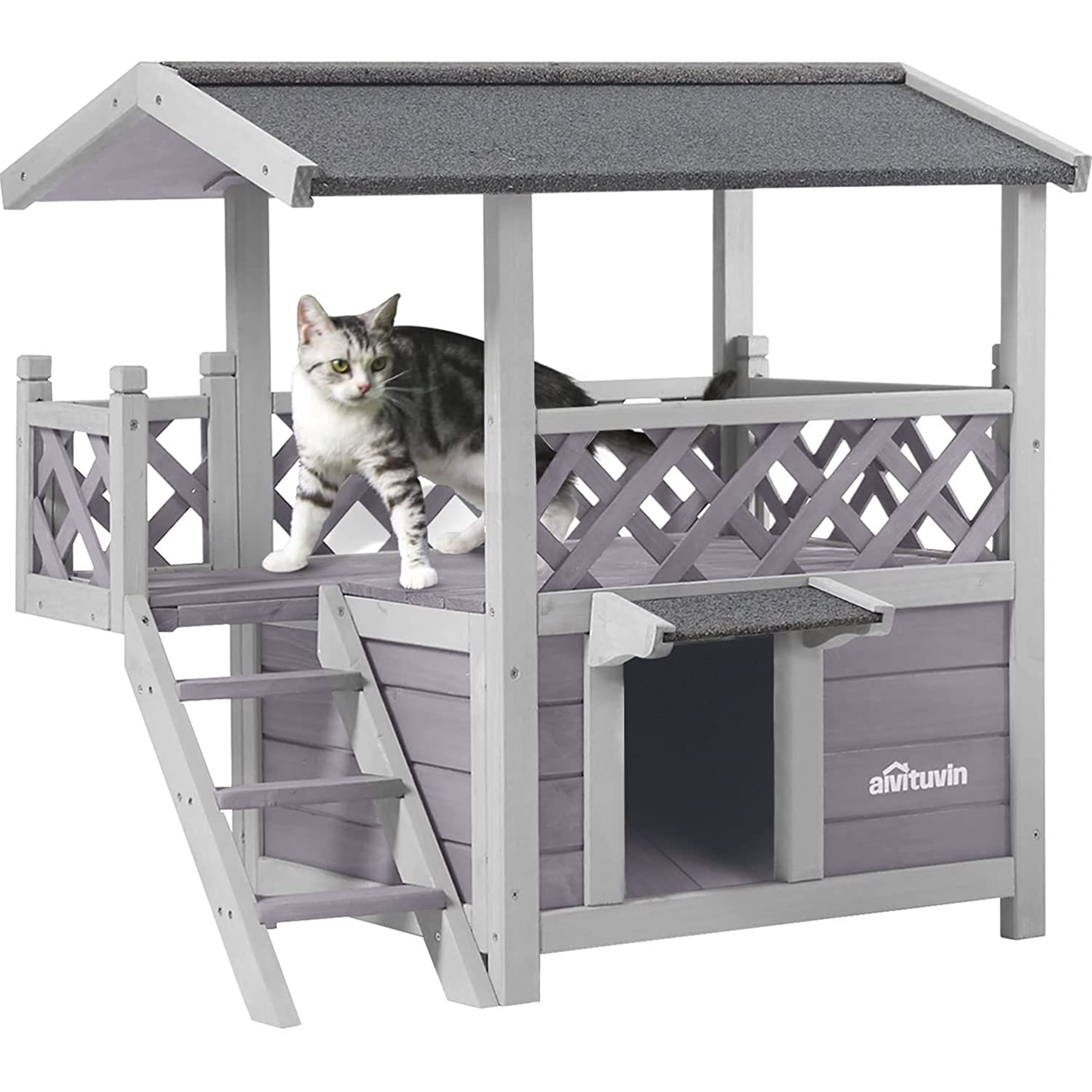 Morgete Wood Cat House with Balcony, Outdoor Kitty Shelter with Stairs ...