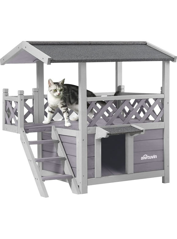 Morgete Wood Cat House with Balcony, Outdoor Kitty Shelter with Stairs