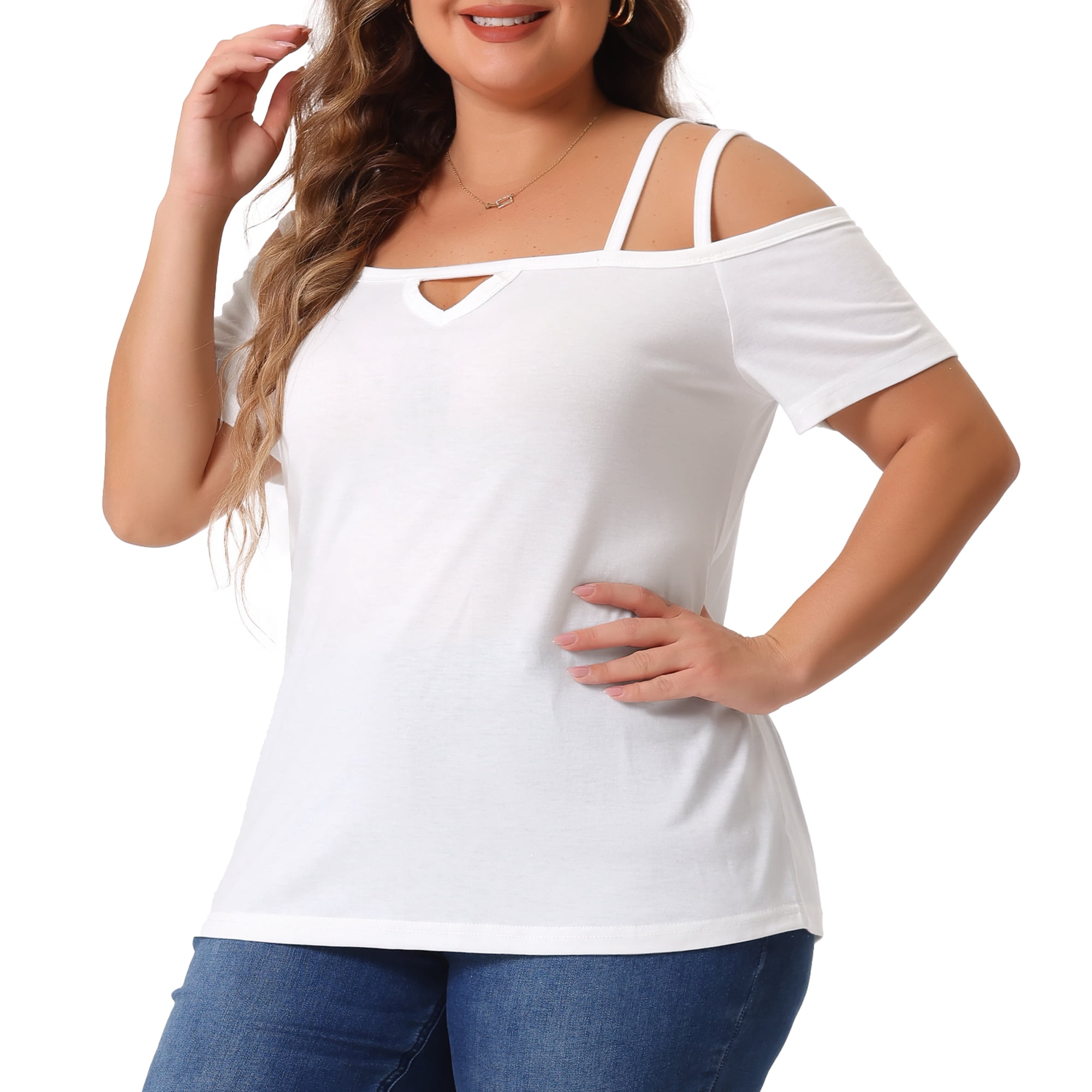 DARING DIVA Women's Plus Short Sleeve Cold Shoulder Tops Blouses Shirt 3X White