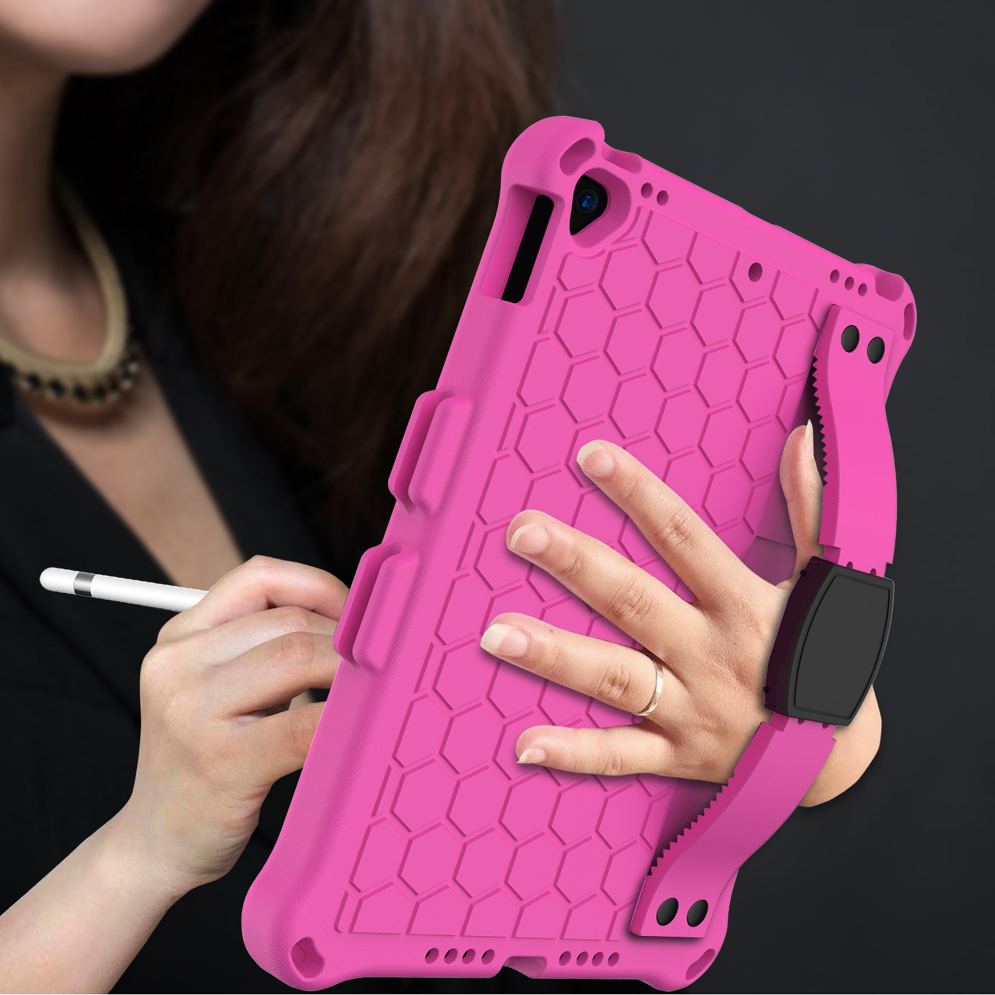 iPad 10.2 2021 Case with Screen Protector, Dteck Shockproof Case for iPad 9th Gen/ iPad 8th Gen / iPad 7th Gen with Removable Shoulder Strap/Hand Strap/Pencil Holder, Heavy Duty Rugged Case,Rose/Black