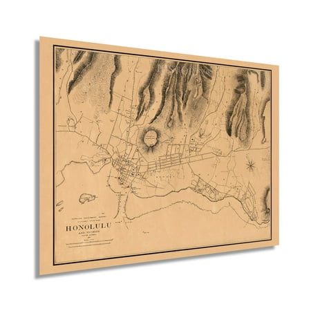 1887 Honolulu Hawaii Map Poster - Vintage Map of Honolulu Wall Art - Old Honolulu Map - Historic Honolulu HI and Vicinity Showing Drainage and Public Buildings