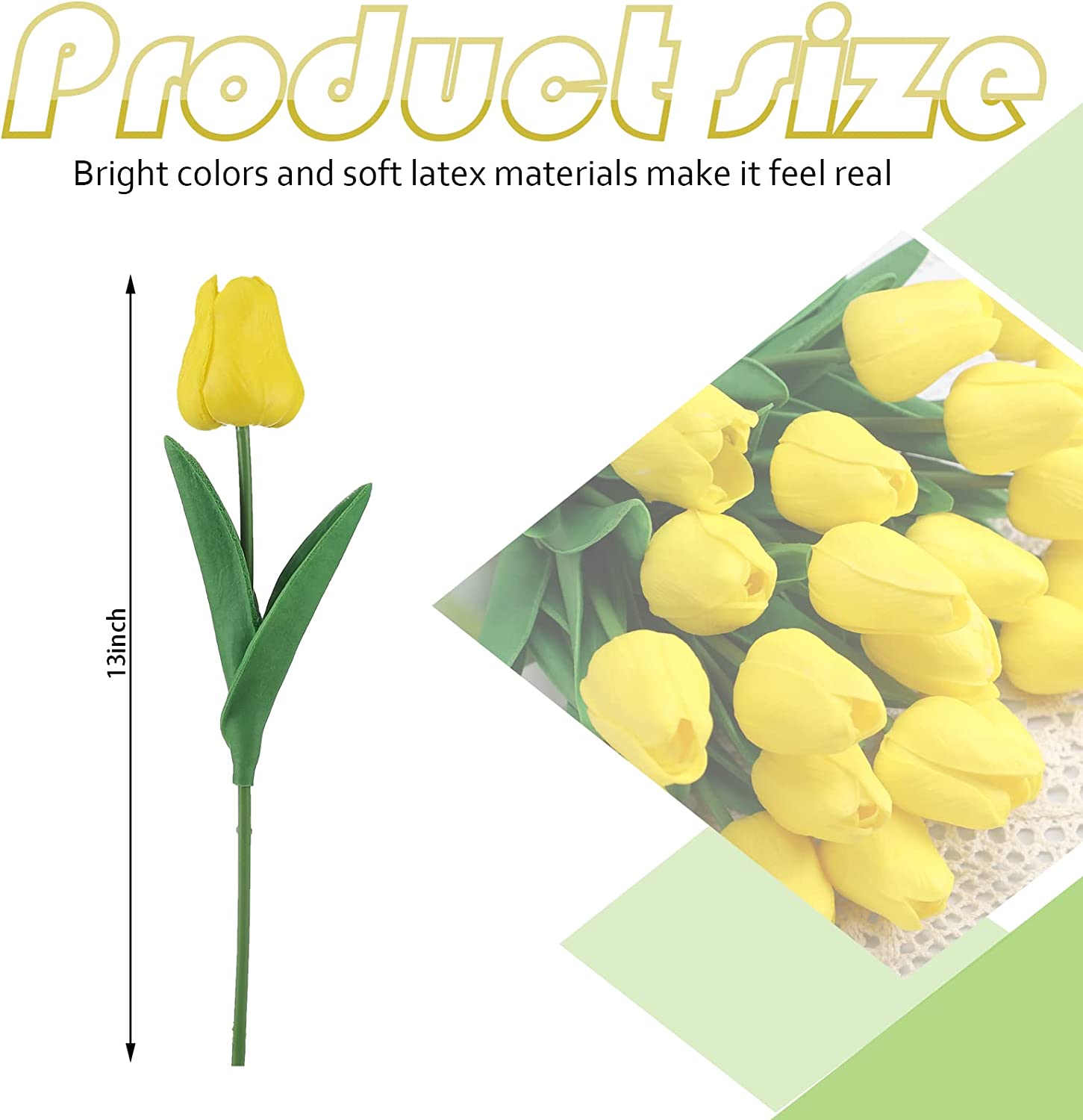 50 Pcs Tulips Artificial Tulips Flowers PU Fake Tulips 13 Inch Faux Flowers Cemetery Flowers for Easter Spring Home Room Office Party Wedding Decoration Bouquet Centerpiece (Yellow)