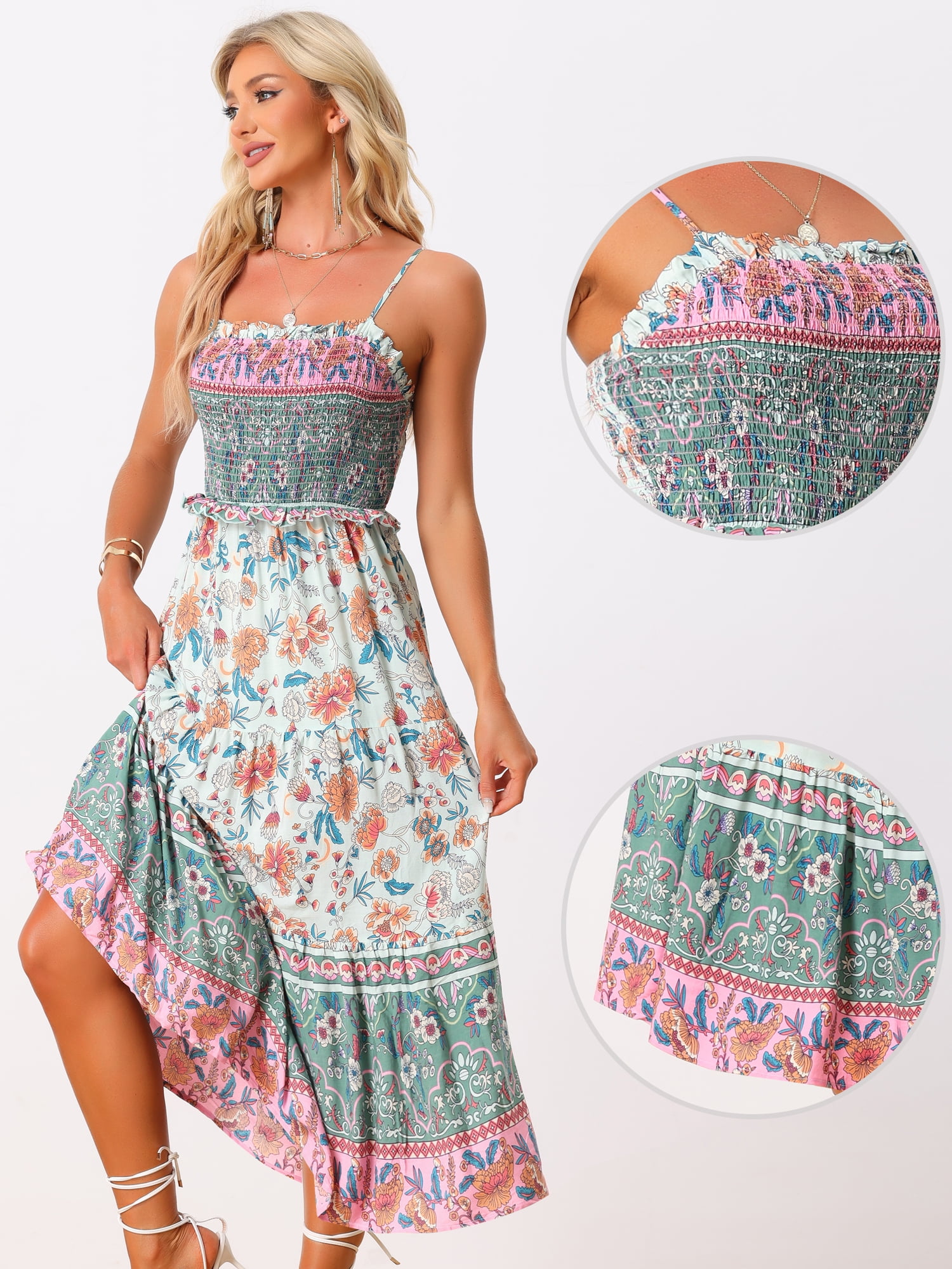 DARING DIVA Spaghetti Strap Smocked Maxi Boho Floral Dress L Light Green