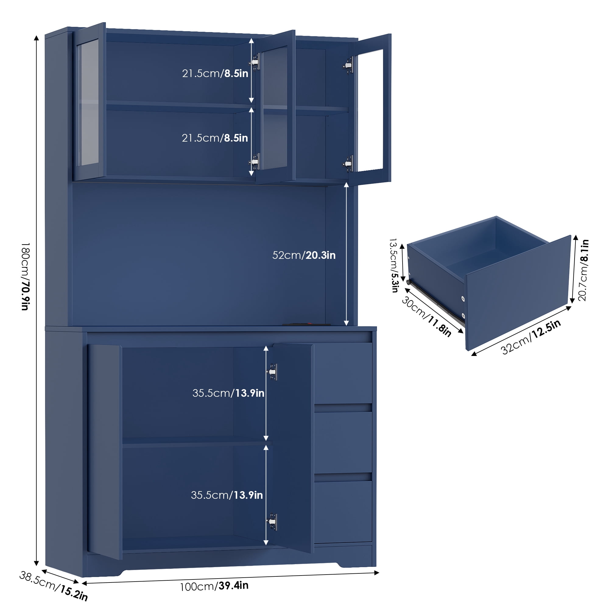 Homfa 70.9'' Kitchen Pantry Cabinet with Charging Station and LED Light, 3 Drawers Buffet Storage Cabinet with Glass Doors and Adjustable Shelves, Blue