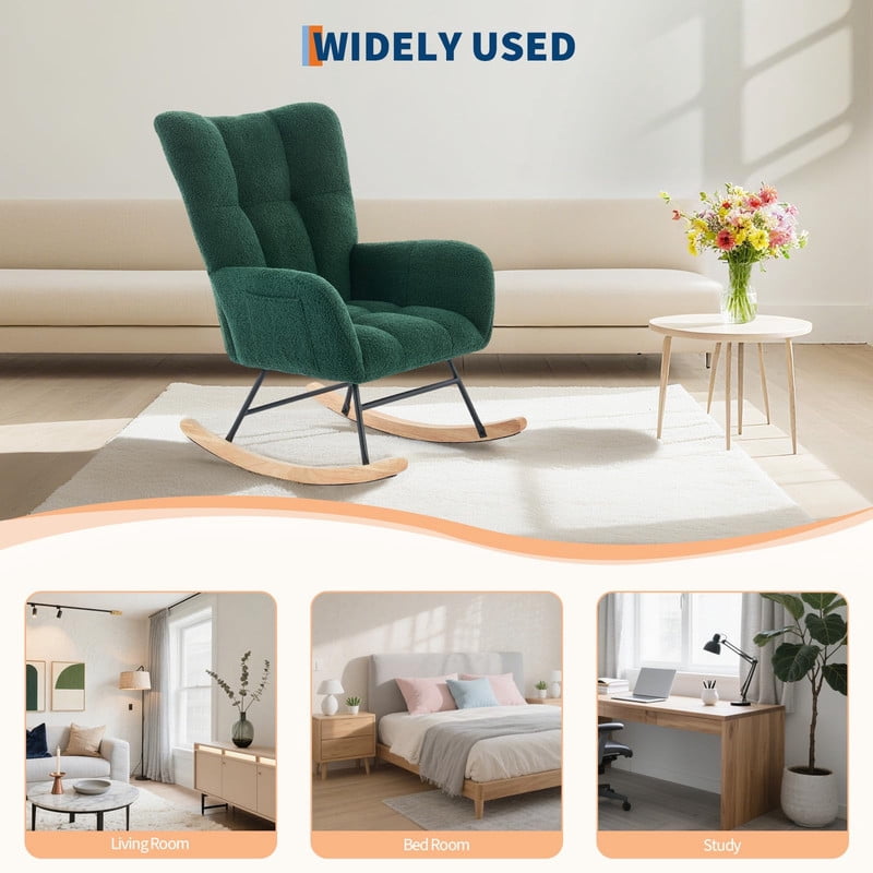 TROPOW Rocking Chair, Teddy Upholstered Glider Rocker, Nursery Glider Rocker with Wood Legs & Dual Side Pockets, Nursery Rocking Chair for Living Room, Bedroom