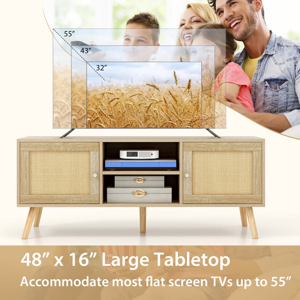 Finihen TV Stand, PE Rattan Media Console Table with 2 Cabinets and Open Shelves, Media Entertainment Center with Storage, for Living Room, Natural