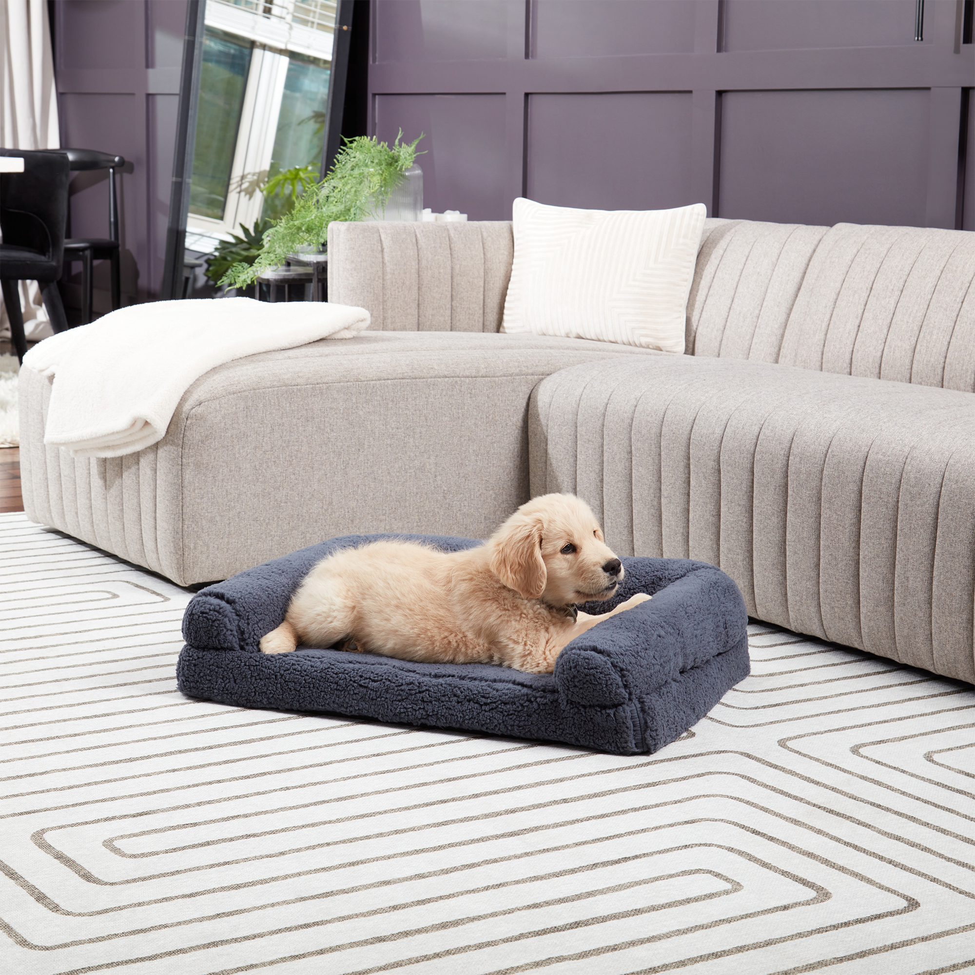 Happy Hounds Millie Medium Sherpa Sofa Style Dog Bed, Blue Steel